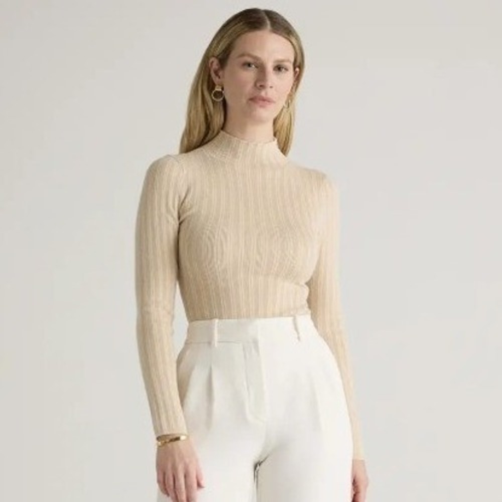 NEW Quince Cotton Cashmere Ribbed Turtleneck Bodysuit Sz M Heather Oatmeal Thong